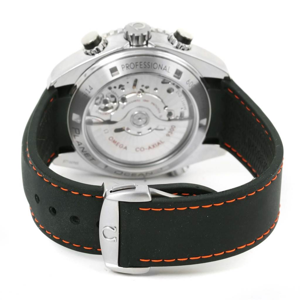 The image shows the back case and strap of the Omega Planet Ocean 232.32.46.51.01.005 Men
s Stainless Steel Black Dial 232.32.46.51.01.005 Men
s Stainless Steel Black Dial watch, with visible details of the movement and clasp.