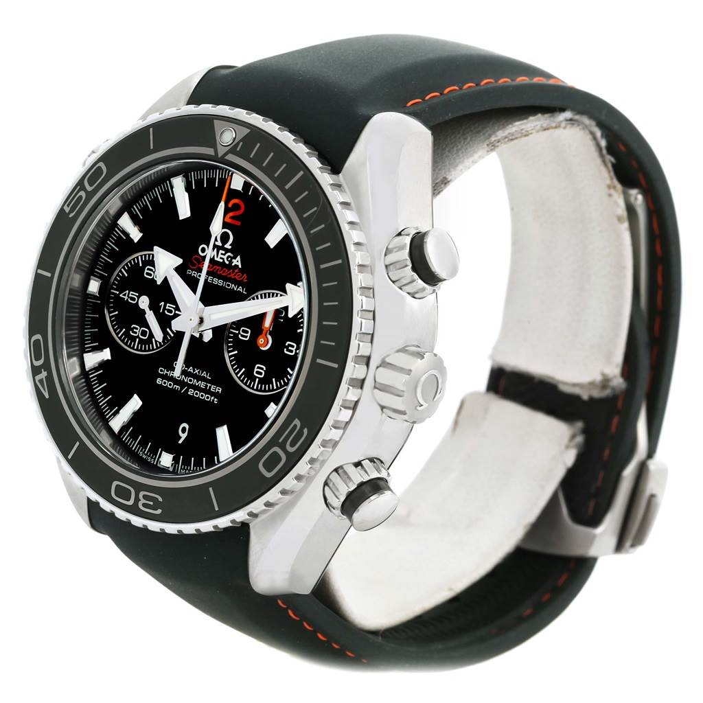 The image shows a side view of the Omega Planet Ocean 232.32.46.51.01.005 Men
s Stainless Steel Black Dial 232.32.46.51.01.005 Men
s Stainless Steel Black Dial watch, highlighting the bezel, crown, pushers, and part of the strap.