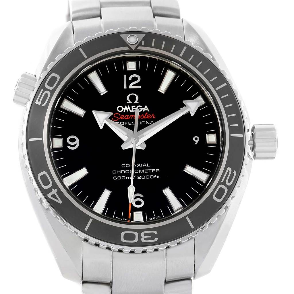 This is a front view of the Omega Planet Ocean 232.30.42.21.01.003 Men's Stainless Steel Black Dial 232.30.42.21.01.003 Men's Stainless Steel Black Dial watch, showcasing the bezel, dial, hands, and part of the bracelet.