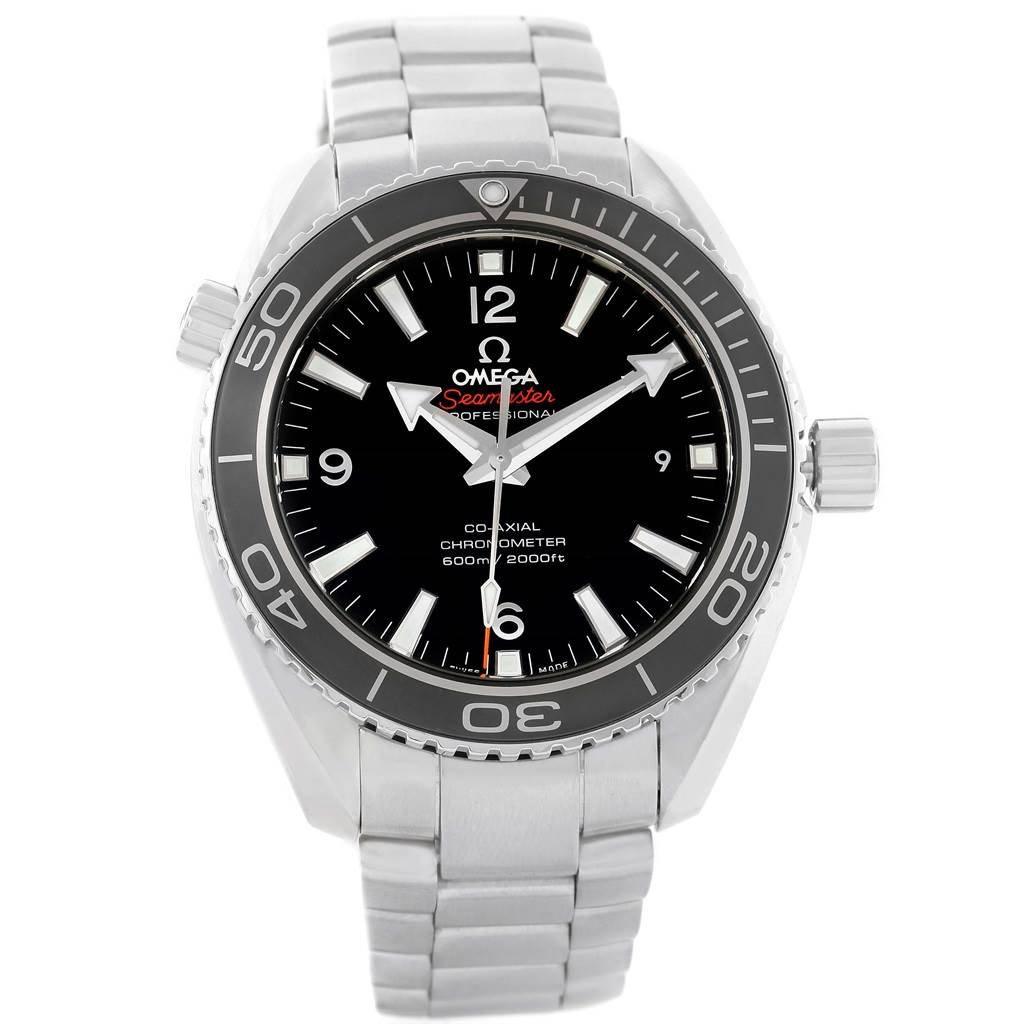The image shows a front view of an Omega Planet Ocean 232.30.42.21.01.003 Men's Stainless Steel Black Dial 232.30.42.21.01.003 Men's Stainless Steel Black Dial watch, displaying its dial, bezel, case, and bracelet.