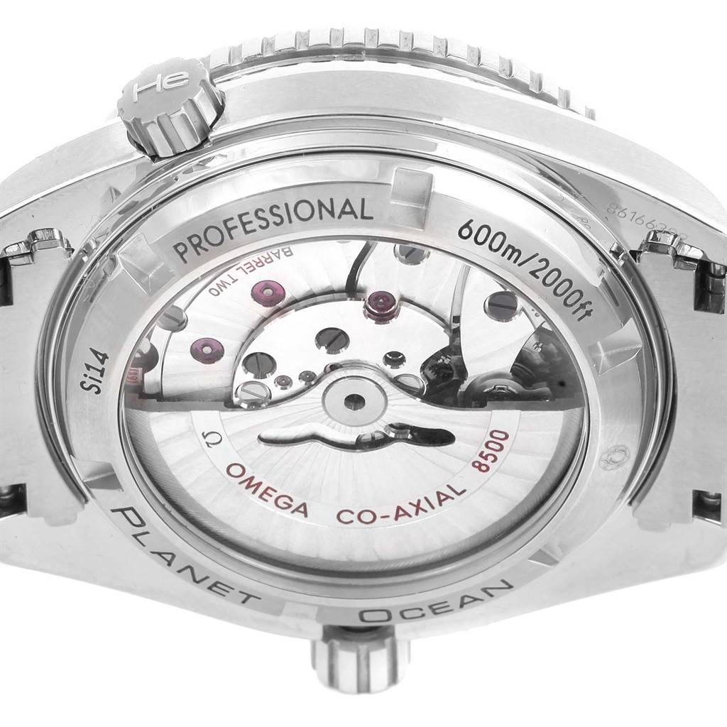 The image shows the case back of the Omega Planet Ocean 232.30.42.21.01.003 Men's Stainless Steel Black Dial 232.30.42.21.01.003 Men's Stainless Steel Black Dial watch, highlighting its movement and water resistance.