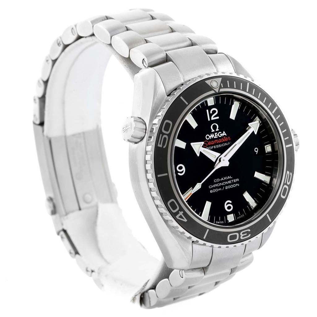 The Omega Planet Ocean 232.30.42.21.01.003 Men's Stainless Steel Black Dial 232.30.42.21.01.003 Men's Stainless Steel Black Dial watch is shown at a three-quarter angle, displaying its face, bezel, and metal bracelet.