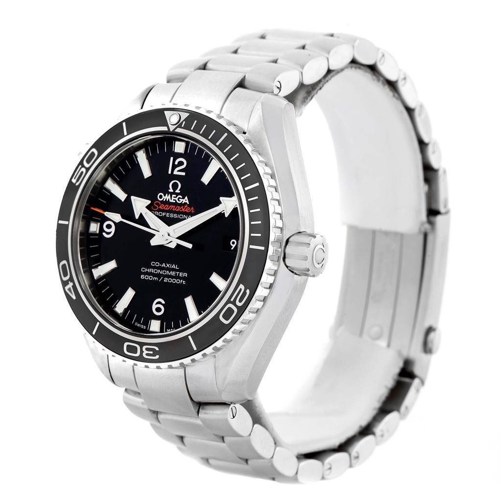 The image shows a front and side view of the Omega Planet Ocean 232.30.42.21.01.003 Men's Stainless Steel Black Dial 232.30.42.21.01.003 Men's Stainless Steel Black Dial watch, highlighting its bezel, dial, and metal bracelet.