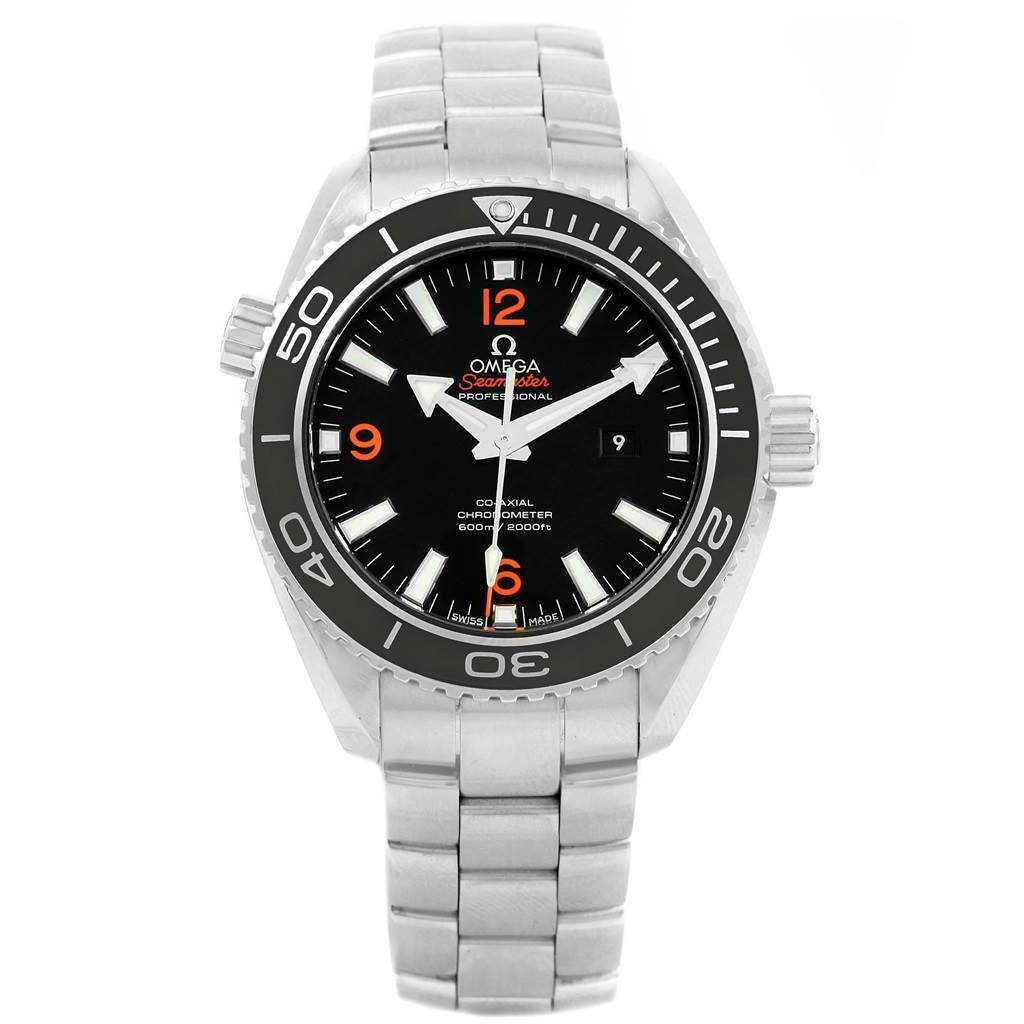 The image shows a front view of the Omega Planet Ocean 232.30.38.20.01.002 Men
s Stainless Steel Black Dial 232.30.38.20.01.002 Men
s Stainless Steel Black Dial watch, displaying its bezel, dial, bracelet, and date window.
