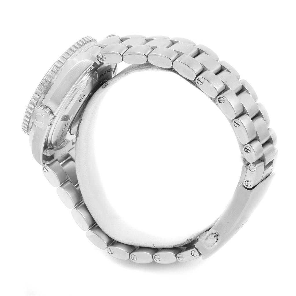 This image of the Omega Planet Ocean 232.30.38.20.01.002 Men
s Stainless Steel Black Dial 232.30.38.20.01.002 Men
s Stainless Steel Black Dial watch shows a side view focusing on the metallic bracelet and the side case with the crown.