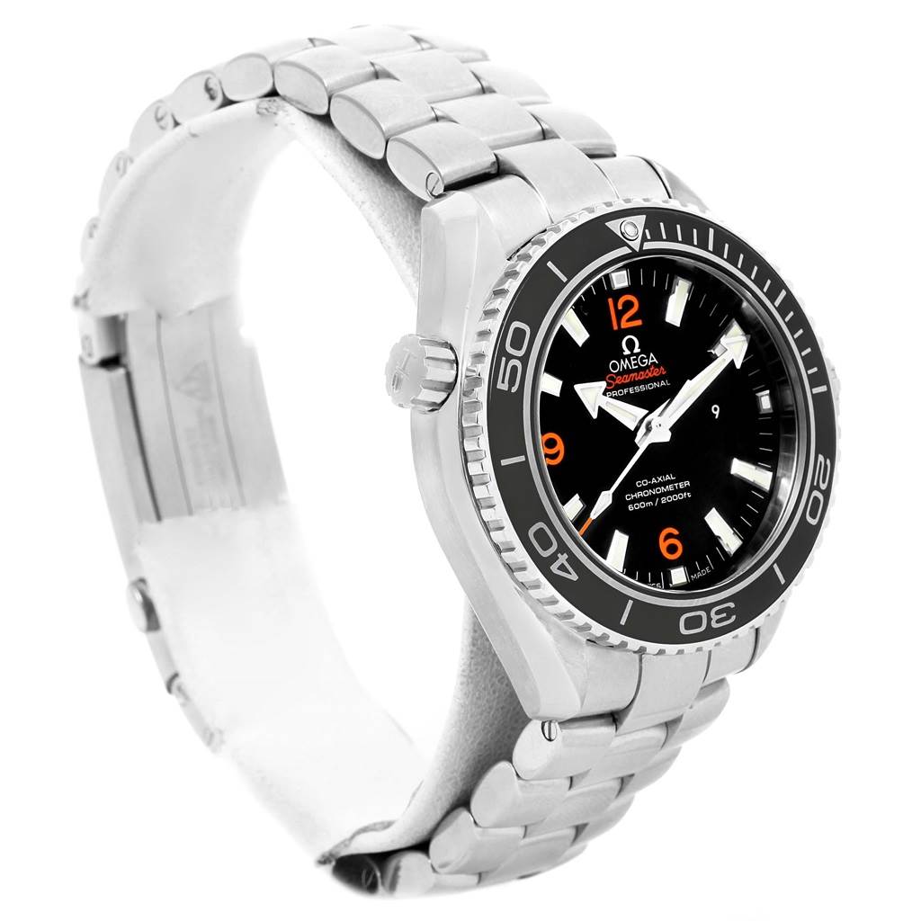 This is a side-angle view of the Omega Planet Ocean 232.30.38.20.01.002 Men
s Stainless Steel Black Dial 232.30.38.20.01.002 Men
s Stainless Steel Black Dial watch, showing the face, bezel, crown, and metal bracelet.