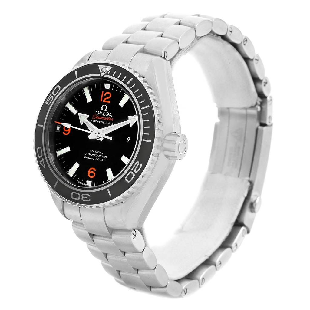 The Omega Planet Ocean 232.30.38.20.01.002 Men
s Stainless Steel Black Dial 232.30.38.20.01.002 Men
s Stainless Steel Black Dial watch is shown at a three-quarter angle, displaying the face, bezel, crown, and bracelet.