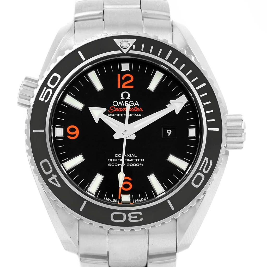 The image shows a front view of an Omega Planet Ocean 232.30.38.20.01.002 Men
s Stainless Steel Black Dial 232.30.38.20.01.002 Men
s Stainless Steel Black Dial model watch, highlighting the dial, bezel, and a part of the bracelet.