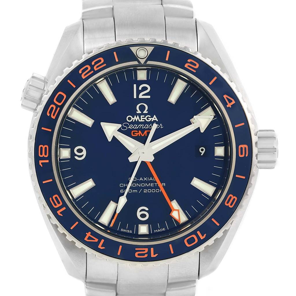 The image shows a front view of the Omega Planet Ocean 232.30.44.22.03.001 Men's Stainless Steel Blue Dial 232.30.44.22.03.001 Men's Stainless Steel Blue Dial Seamaster GMT watch, highlighting its bezel, face, and bracelet.