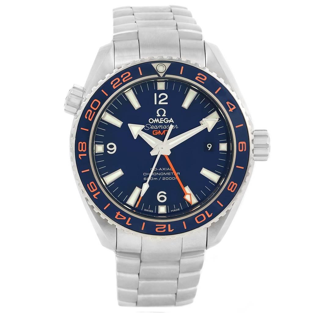 This image shows the Omega Planet Ocean 232.30.44.22.03.001 Men's Stainless Steel Blue Dial 232.30.44.22.03.001 Men's Stainless Steel Blue Dial watch from a front angle, highlighting its dial, bezel, and bracelet.