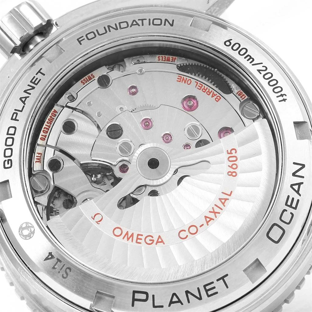 This image shows the back view of the Omega Planet Ocean 232.30.44.22.03.001 Men's Stainless Steel Blue Dial 232.30.44.22.03.001 Men's Stainless Steel Blue Dial watch revealing its internal mechanics and co-axial movement.