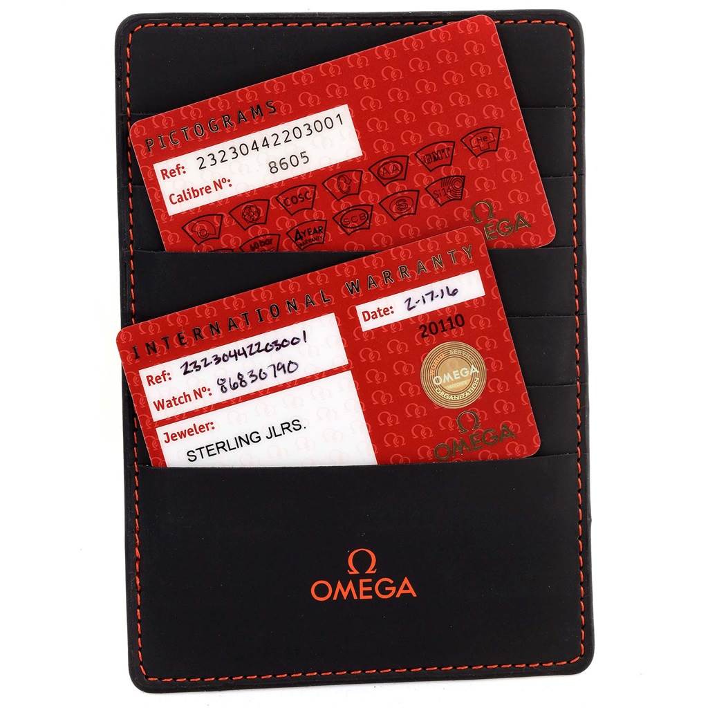 This is an image of the Omega Planet Ocean 232.30.44.22.03.001 Men's Stainless Steel Blue Dial 232.30.44.22.03.001 Men's Stainless Steel Blue Dial model's pictogram and international warranty cards in a branded cardholder.