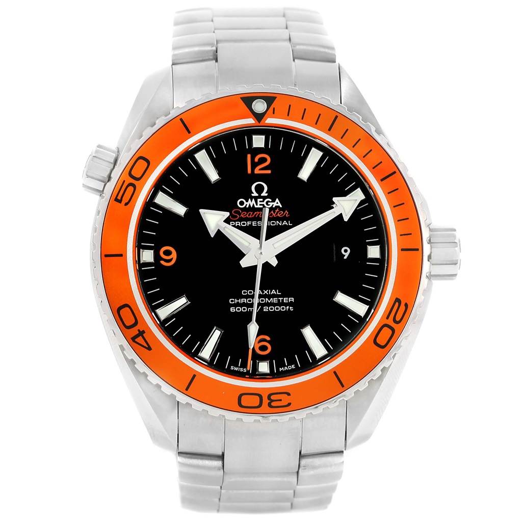 The Omega Planet Ocean 232.30.46.21.01.002 Men
s Stainless Steel Black Dial 232.30.46.21.01.002 Men
s Stainless Steel Black Dial watch is shown from a front angle, displaying its orange bezel, black dial, and stainless steel bracelet.