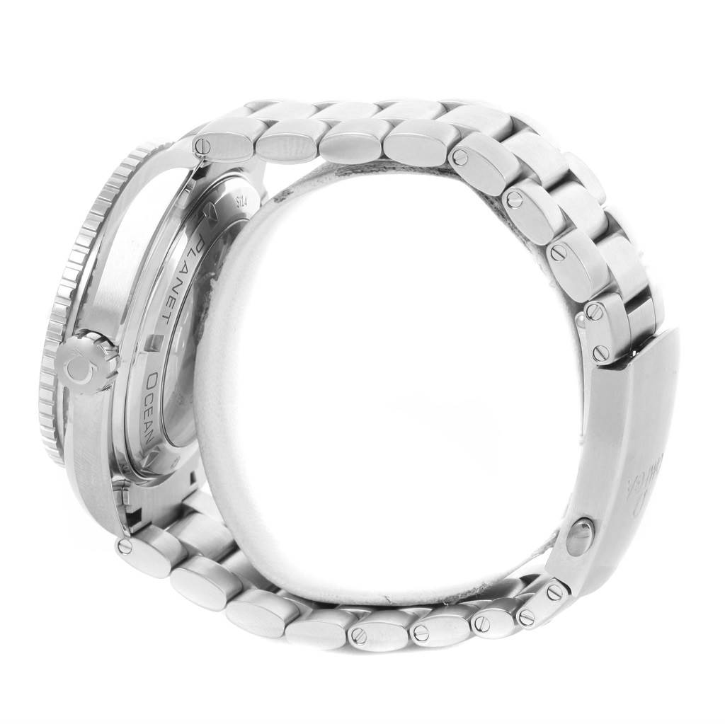 The image shows the side view of the Omega Planet Ocean 232.30.46.21.01.002 Men
s Stainless Steel Black Dial 232.30.46.21.01.002 Men
s Stainless Steel Black Dial watch, featuring its case back, crown, and stainless steel bracelet.