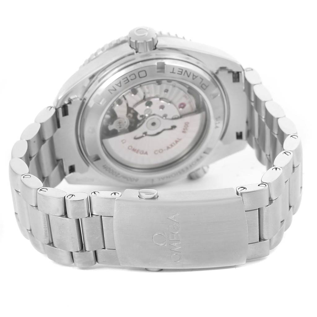 This image shows the back view of an Omega Planet Ocean 232.30.46.21.01.002 Men
s Stainless Steel Black Dial 232.30.46.21.01.002 Men
s Stainless Steel Black Dial watch, focusing on its clasp, bracelet, and transparent case back.