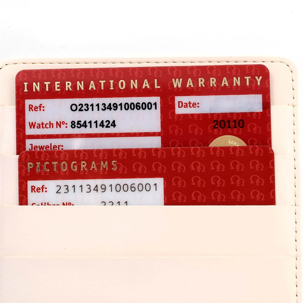 The image shows the warranty and pictogram cards for the Omega Planet Ocean 232.30.46.21.01.002 Men
s Stainless Steel Black Dial 232.30.46.21.01.002 Men
s Stainless Steel Black Dial model, featuring reference and serial numbers.