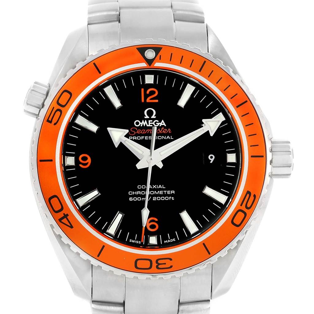 The image shows a front view of the Omega Planet Ocean 232.30.46.21.01.002 Men's Stainless Steel Black Dial 232.30.46.21.01.002 Men's Stainless Steel Black Dial watch, highlighting its black dial, orange bezel, and stainless steel bracelet.