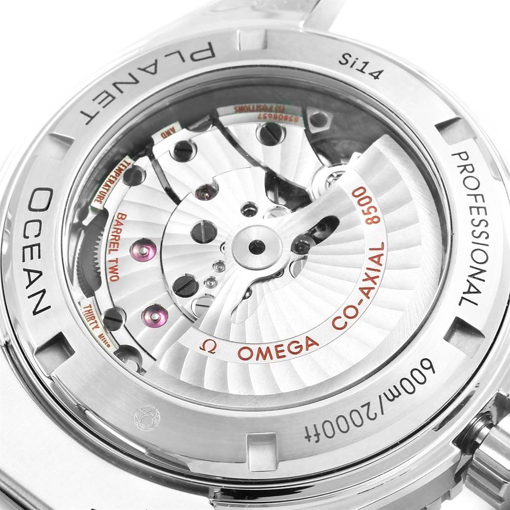 This image shows the back view of an Omega Planet Ocean 232.30.46.21.01.002 Men's Stainless Steel Black Dial 232.30.46.21.01.002 Men's Stainless Steel Black Dial watch, specifically highlighting the visible Co-Axial movement mechanism.