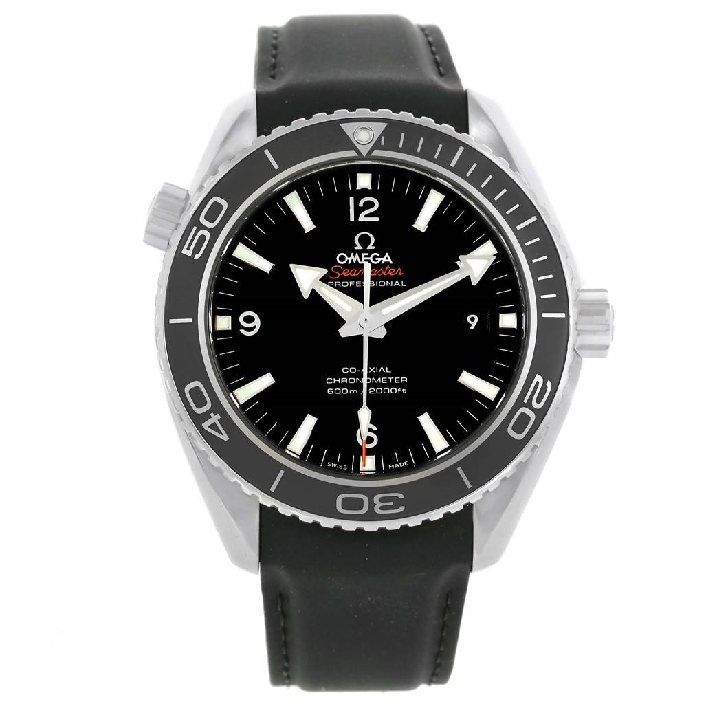 The image shows a front view of the Omega Planet Ocean 232.32.46.21.01.003 Men
s Stainless Steel Black Dial 232.32.46.21.01.003 Men
s Stainless Steel Black Dial watch, highlighting the dial, bezel, and strap.