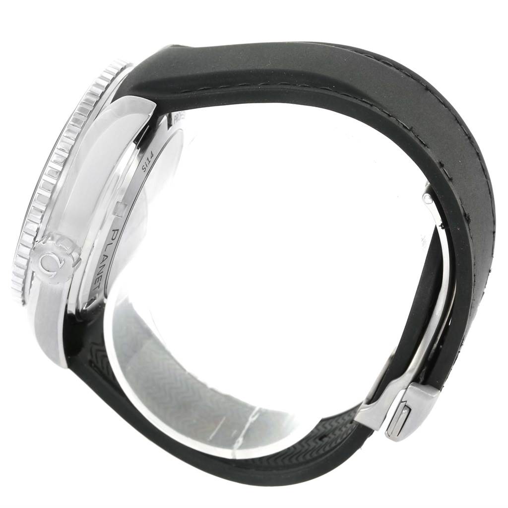 The image shows a side view of the Omega Planet Ocean 232.32.46.21.01.003 Men
s Stainless Steel Black Dial 232.32.46.21.01.003 Men
s Stainless Steel Black Dial watch, highlighting the case, crown, and black strap.