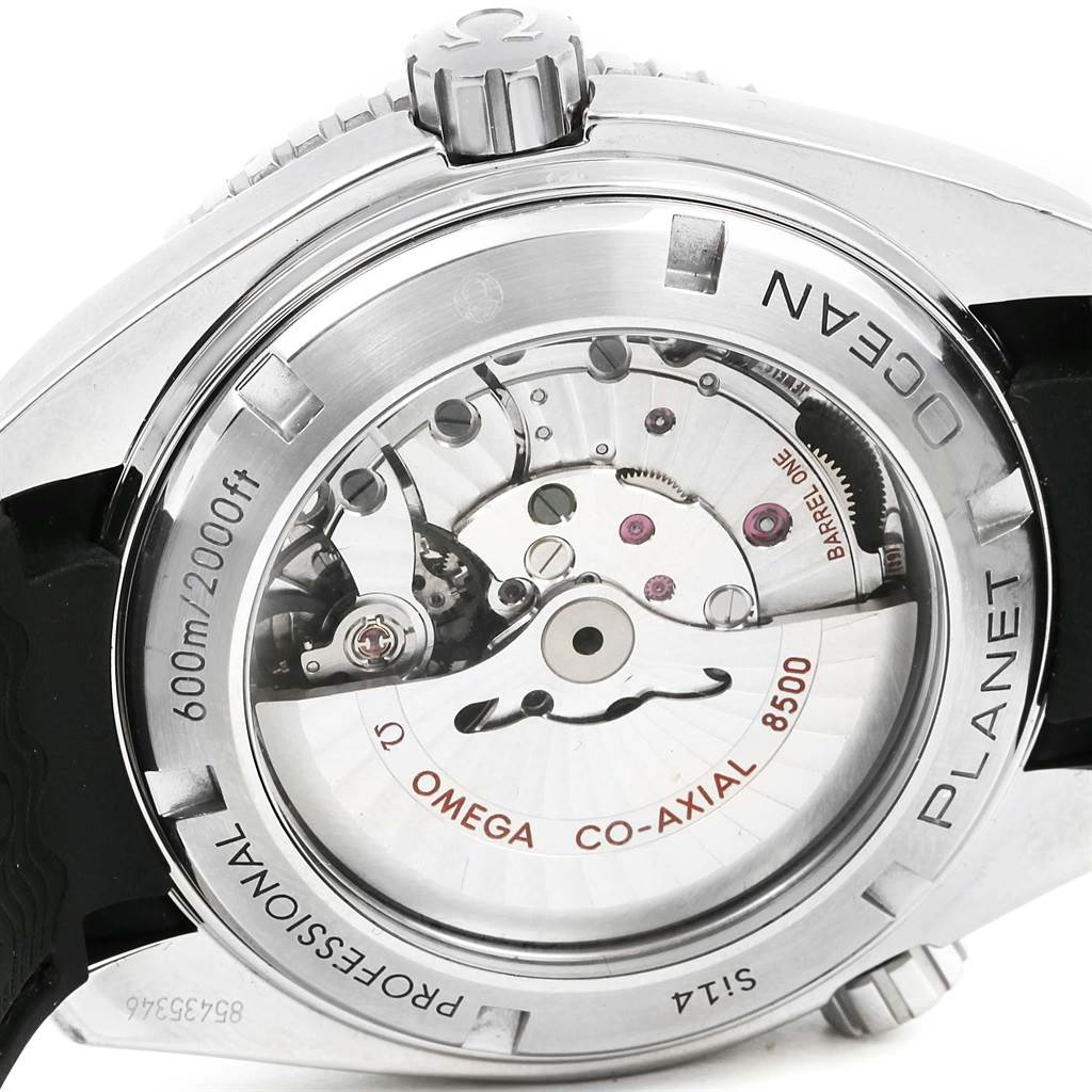 The image shows the back of an Omega Planet Ocean 232.32.46.21.01.003 Men
s Stainless Steel Black Dial 232.32.46.21.01.003 Men
s Stainless Steel Black Dial watch, highlighting its movement mechanism and case back details.