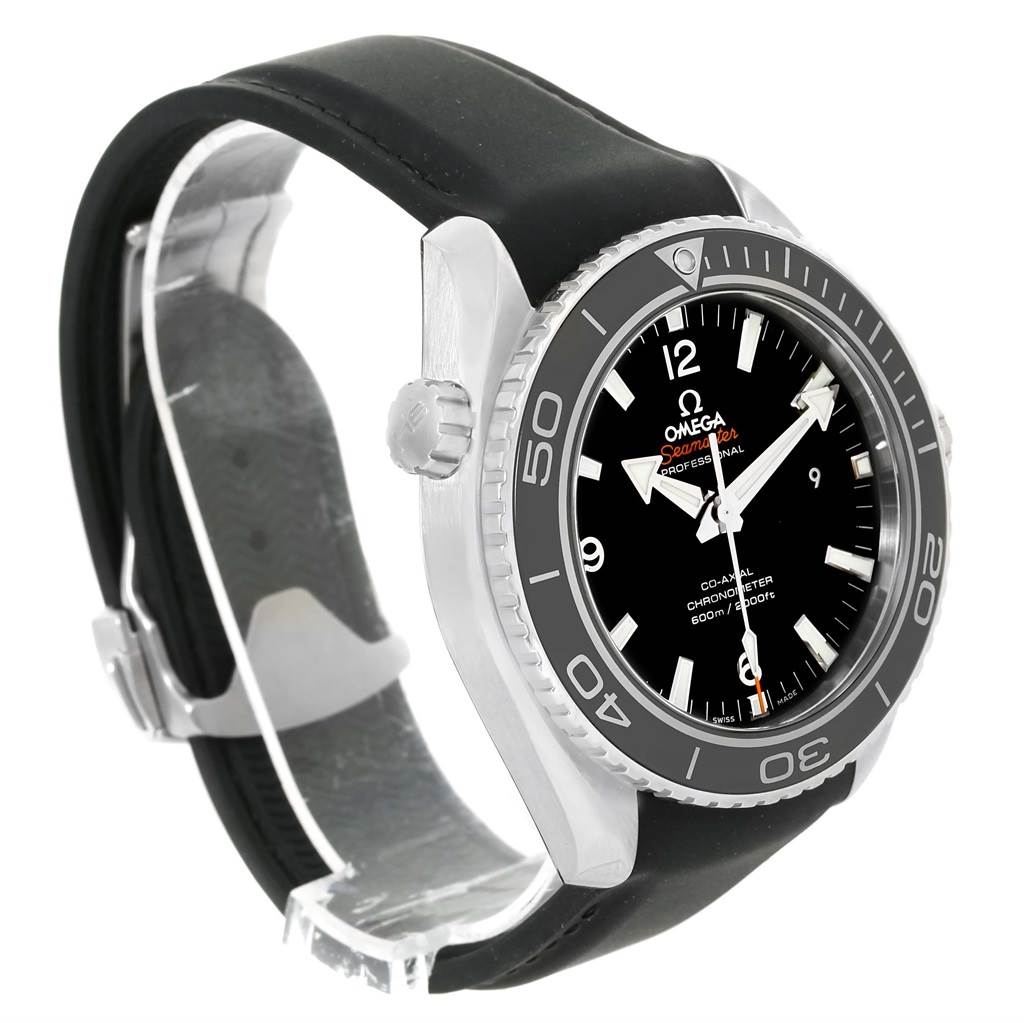 The Omega Planet Ocean 232.32.46.21.01.003 Men
s Stainless Steel Black Dial 232.32.46.21.01.003 Men
s Stainless Steel Black Dial watch is shown at an angle displaying its face, crown, bezel, and black strap.