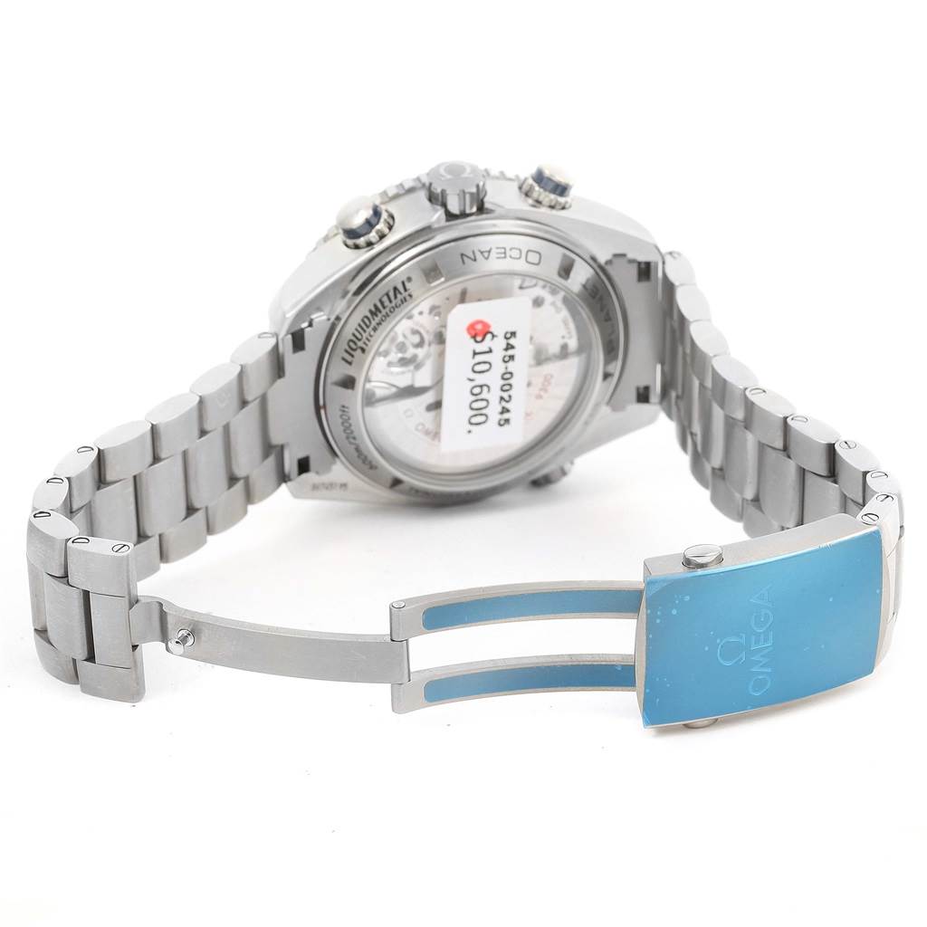 The image shows the back and partially open clasp of the Omega Planet Ocean 232.90.46.51.03.001 Men
s Titanium Blue Dial 232.90.46.51.03.001 Men
s Titanium Blue Dial watch.