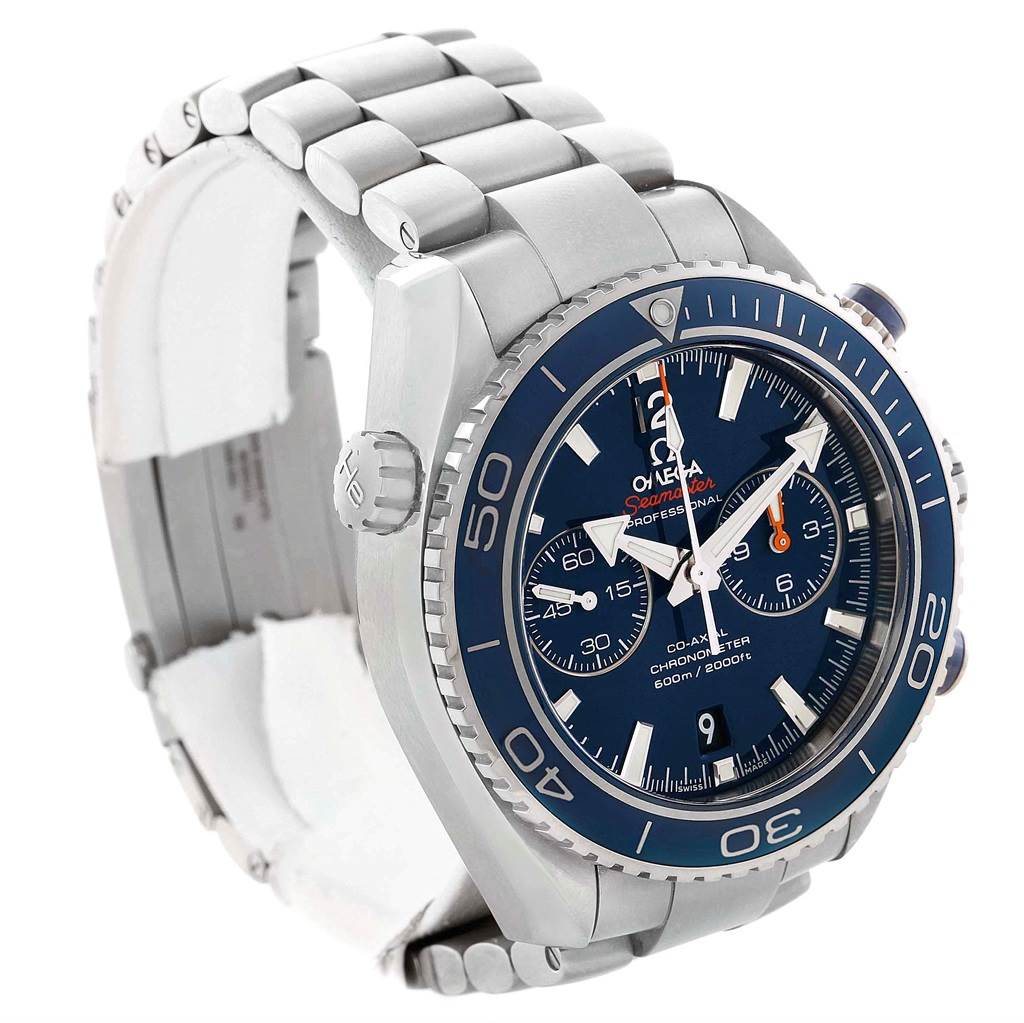 The image shows an angled view of the Omega Planet Ocean 232.90.46.51.03.001 Men
s Titanium Blue Dial 232.90.46.51.03.001 Men
s Titanium Blue Dial watch, focusing on the dial, bezel, crown, and part of the bracelet.