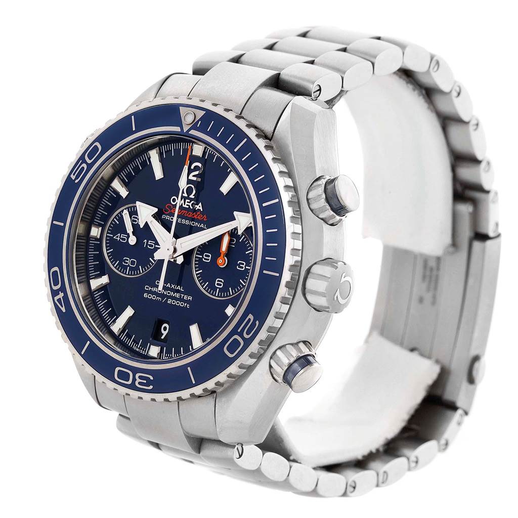 The image shows an angled frontal view of the Omega Planet Ocean 232.90.46.51.03.001 Men
s Titanium Blue Dial 232.90.46.51.03.001 Men
s Titanium Blue Dial watch, highlighting its bezel, dial, crowns, and bracelet.