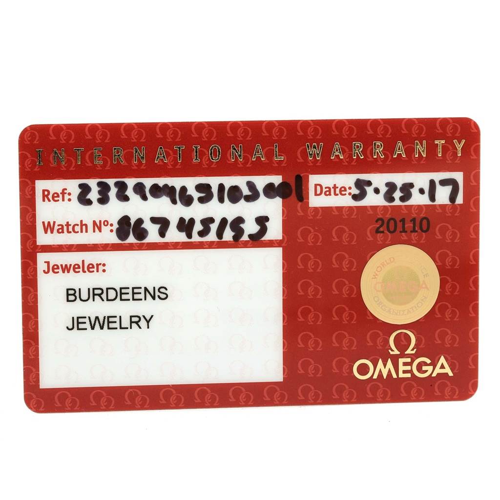 This image shows the international warranty card of the Omega Planet Ocean 232.90.46.51.03.001 Men
s Titanium Blue Dial 232.90.46.51.03.001 Men
s Titanium Blue Dial model watch.