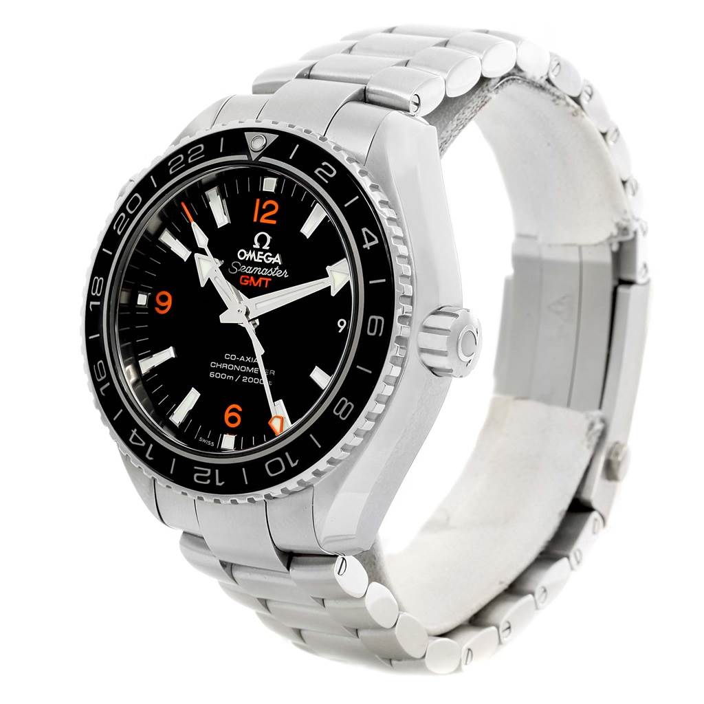 The image shows an Omega Planet Ocean 232.30.44.22.01.002 Men
s Stainless Steel Black Dial 232.30.44.22.01.002 Men
s Stainless Steel Black Dial Seamaster GMT watch from a front-left angle, highlighting the face, bezel, and bracelet.