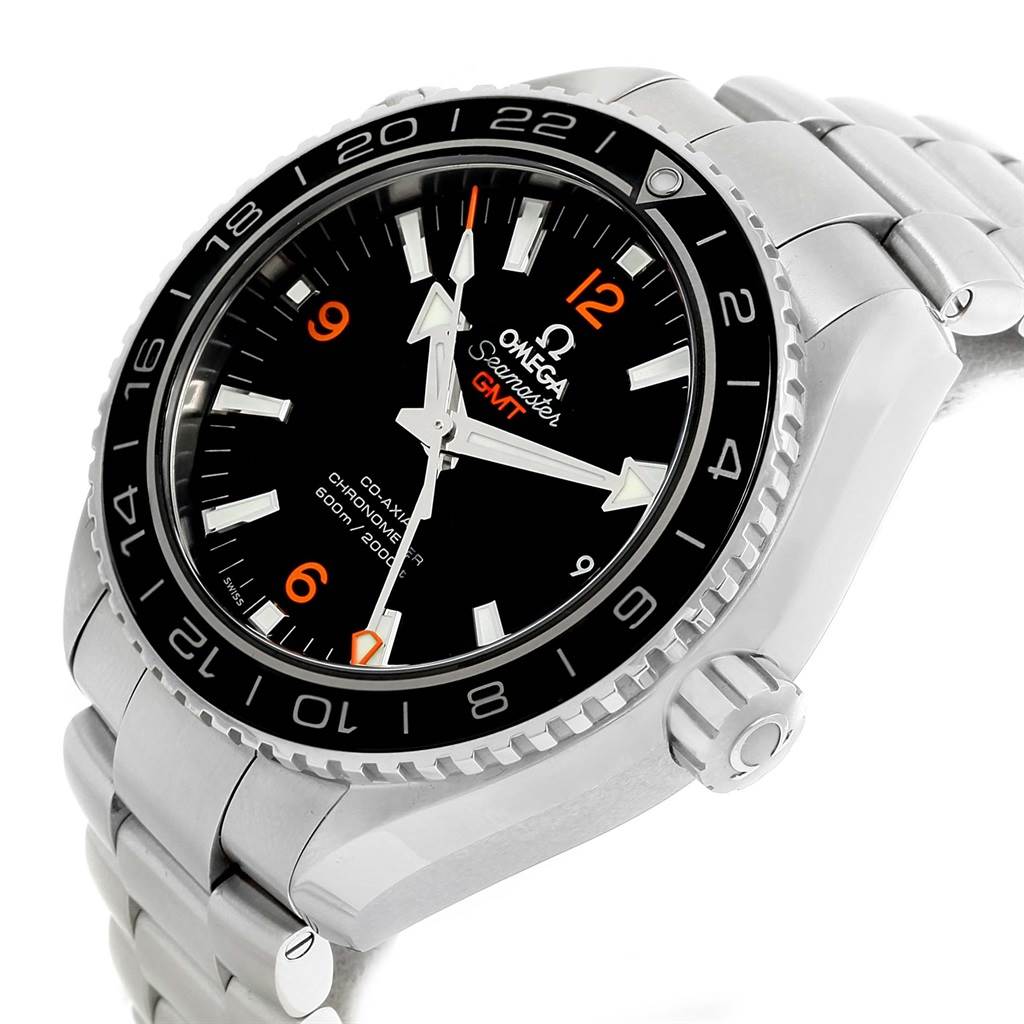 The image shows an angled view of the Omega Planet Ocean 232.30.44.22.01.002 Men
s Stainless Steel Black Dial 232.30.44.22.01.002 Men
s Stainless Steel Black Dial model, highlighting the black dial, bezel, and metal bracelet.