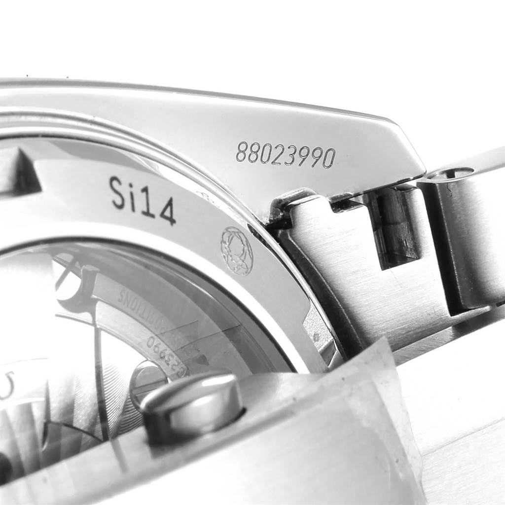 The image shows a close-up angle of the case back and serial number of the Omega Planet Ocean 232.30.44.22.01.002 Men
s Stainless Steel Black Dial 232.30.44.22.01.002 Men
s Stainless Steel Black Dial watch.