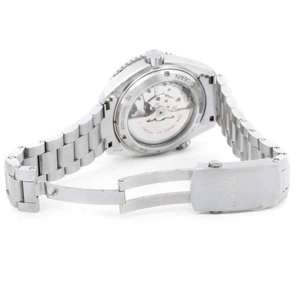 This image shows the back view of the Omega Planet Ocean 232.30.44.22.01.002 Men
s Stainless Steel Black Dial 232.30.44.22.01.002 Men
s Stainless Steel Black Dial watch including part of the bracelet and the open clasp.