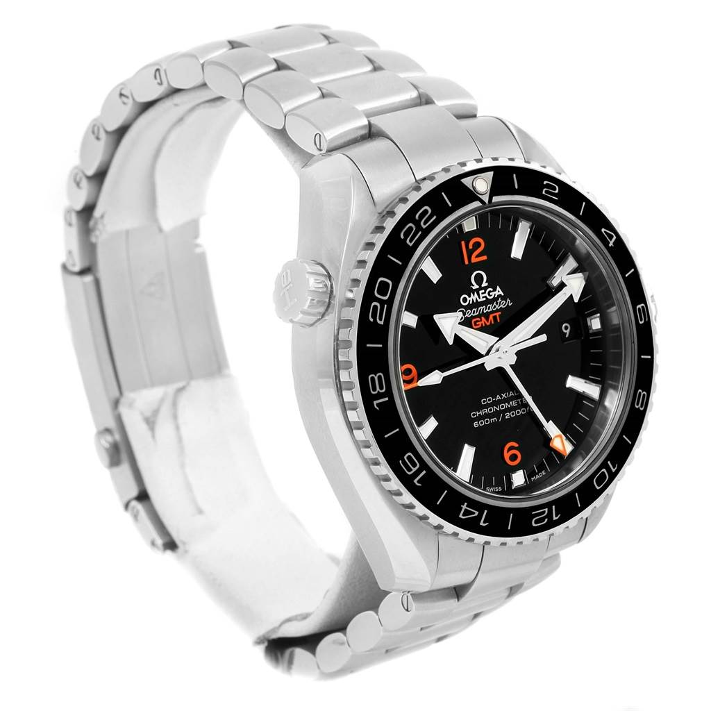 The image shows a side angle of the Omega Planet Ocean 232.30.44.22.01.002 Men
s Stainless Steel Black Dial 232.30.44.22.01.002 Men
s Stainless Steel Black Dial watch, displaying the bezel, dial, crown, and steel bracelet.