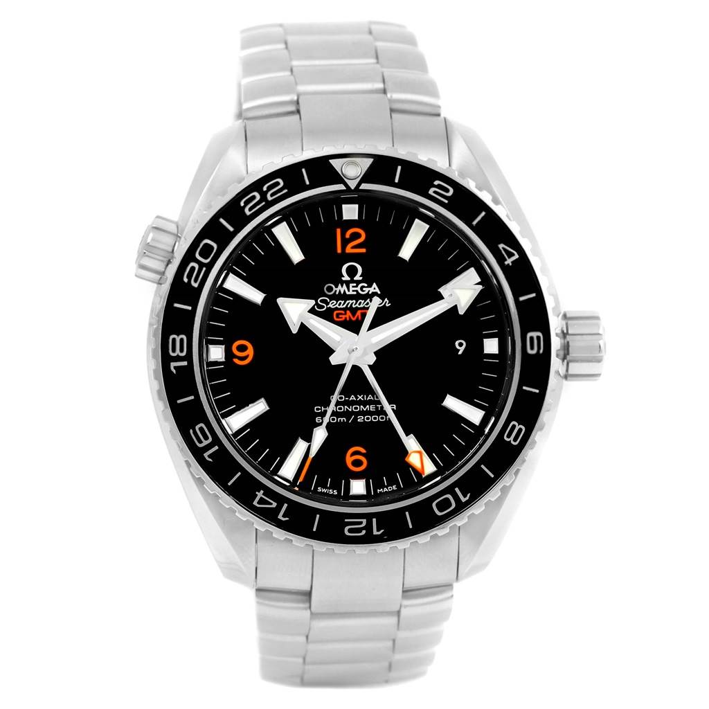 The image shows a front view of the Omega Planet Ocean 232.30.44.22.01.002 Men
s Stainless Steel Black Dial 232.30.44.22.01.002 Men
s Stainless Steel Black Dial watch, displaying its dial, bezel, crown, and bracelet.