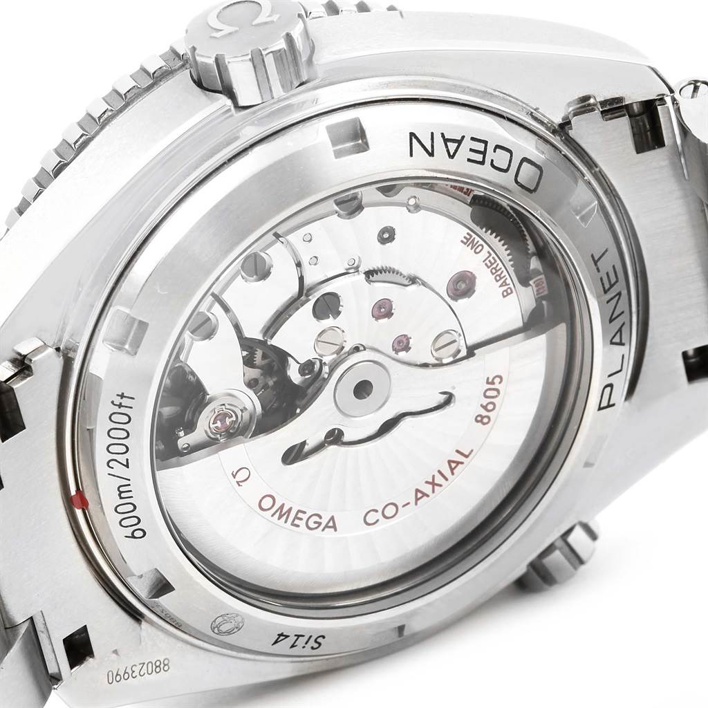 The image shows the back of an Omega Planet Ocean 232.30.44.22.01.002 Men
s Stainless Steel Black Dial 232.30.44.22.01.002 Men
s Stainless Steel Black Dial watch, displaying its Co-Axial movement and caseback details.