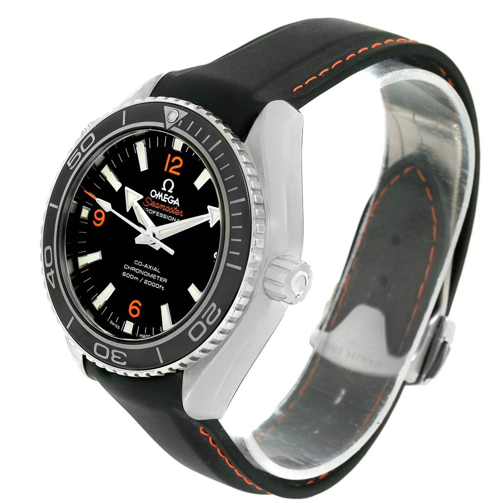 The image shows the Omega Planet Ocean 232.32.42.21.01.005 Men
s Stainless Steel Black Dial 232.32.42.21.01.005 Men
s Stainless Steel Black Dial watch at a three-quarter angle, highlighting its bezel, crown, and strap.