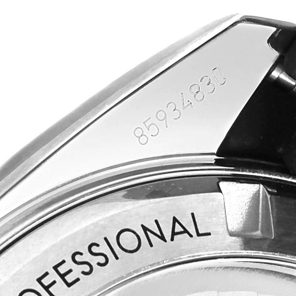 This close-up image of the Omega Planet Ocean 232.32.42.21.01.005 Men
s Stainless Steel Black Dial 232.32.42.21.01.005 Men
s Stainless Steel Black Dial watch displays part of the case back with "PROFESSIONAL" text and the serial number.