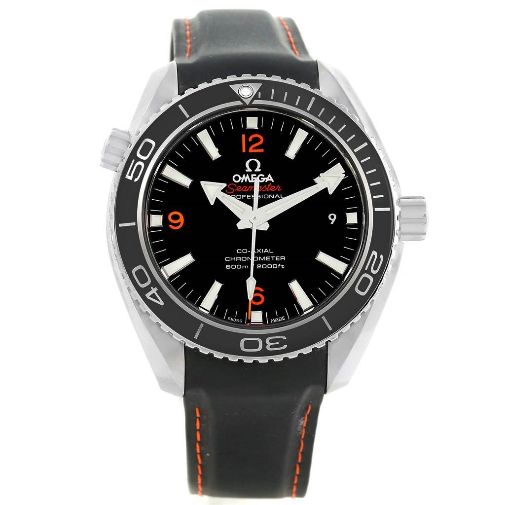 The image shows a front view of an Omega Planet Ocean 232.32.42.21.01.005 Men
s Stainless Steel Black Dial 232.32.42.21.01.005 Men
s Stainless Steel Black Dial watch, highlighting its bezel, dial, hands, and strap.
