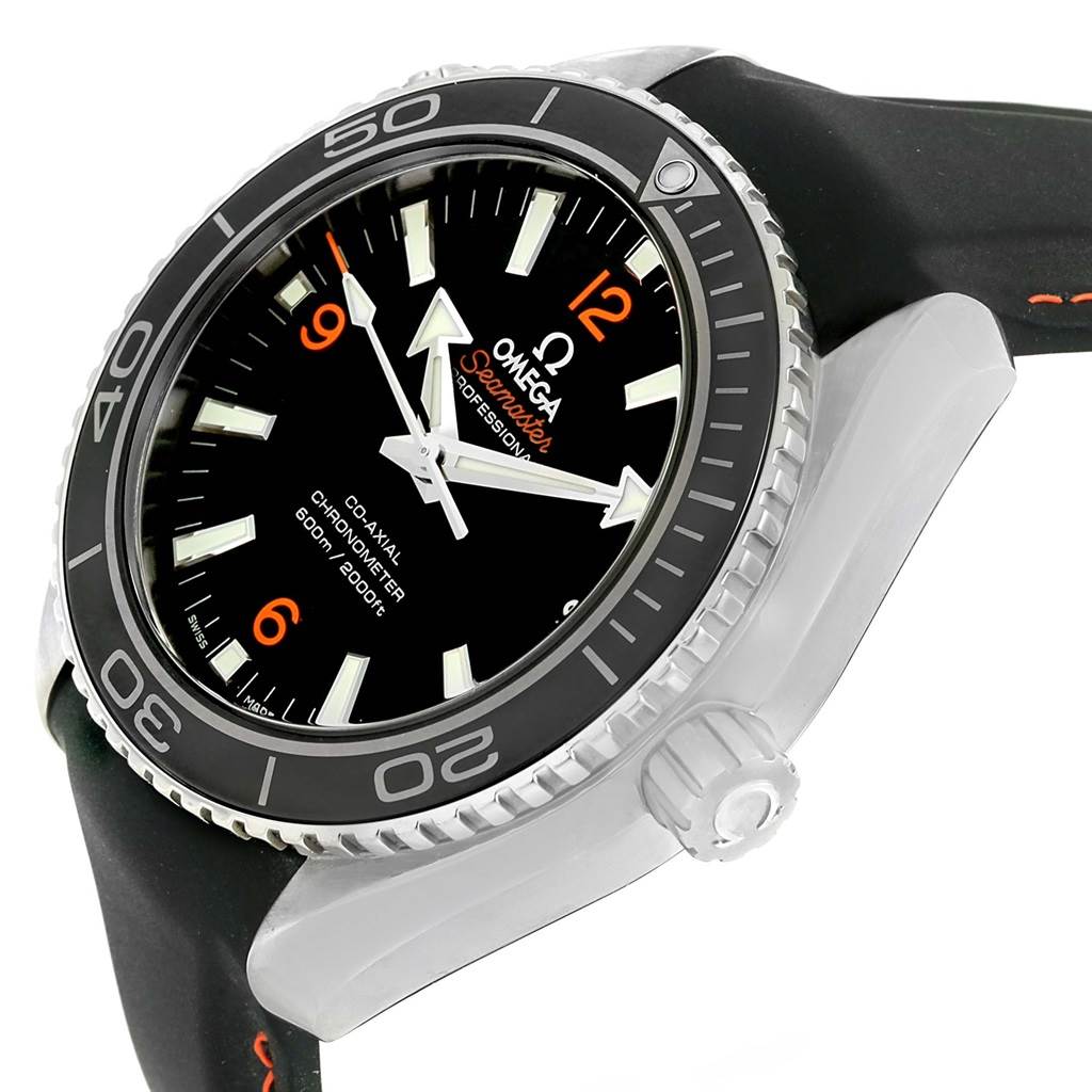 The image shows the front and side view of the Omega Seamaster Planet Ocean watch, highlighting the dial, bezel, and crown.