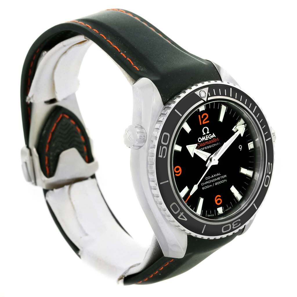 The image shows an angled view of an Omega Planet Ocean 232.32.42.21.01.005 Men
s Stainless Steel Black Dial 232.32.42.21.01.005 Men
s Stainless Steel Black Dial watch, featuring the face, bezel, and strap.