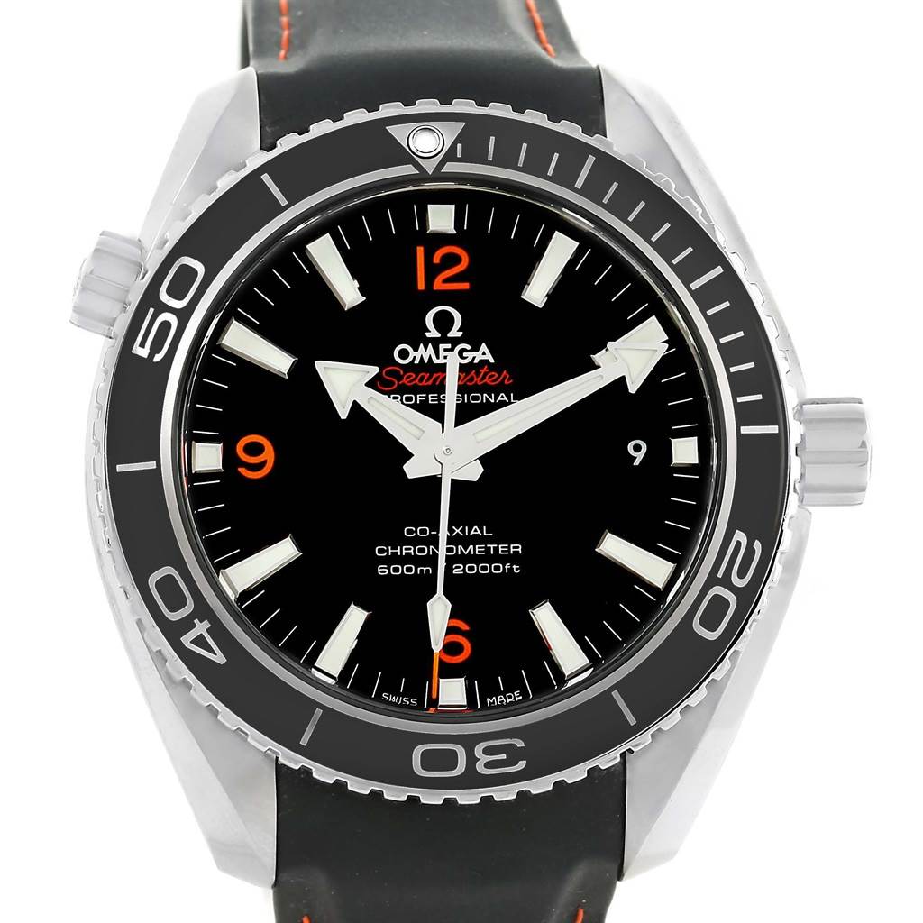 The image shows a front view of the Omega Planet Ocean 232.32.42.21.01.005 Men
s Stainless Steel Black Dial 232.32.42.21.01.005 Men
s Stainless Steel Black Dial Seamaster watch, featuring the dial, hands, bezel, and part of the strap.