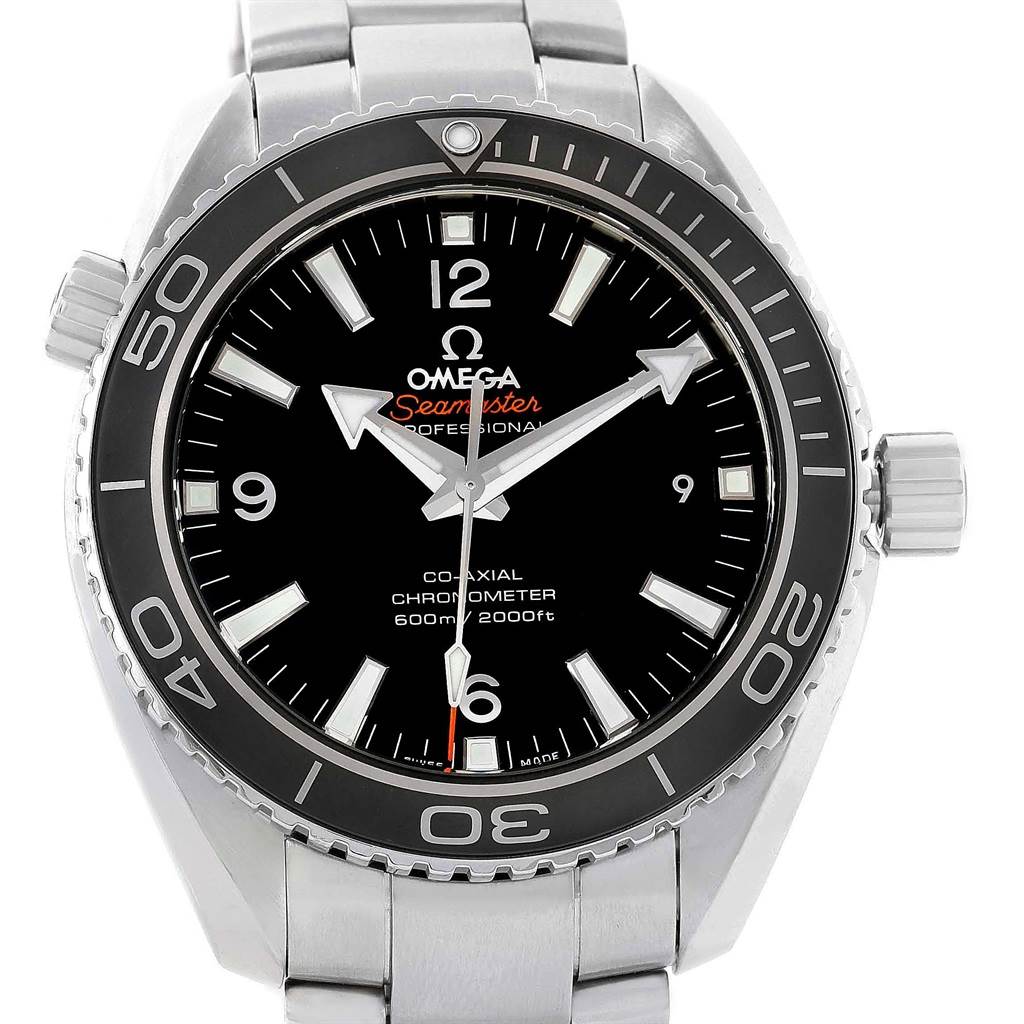 The image shows a close-up, front view of the Omega Planet Ocean 232.30.46.21.01.001 Men
s Stainless Steel Black Dial 232.30.46.21.01.001 Men
s Stainless Steel Black Dial Seamaster watch, highlighting the dial, bezel, and bracelet.