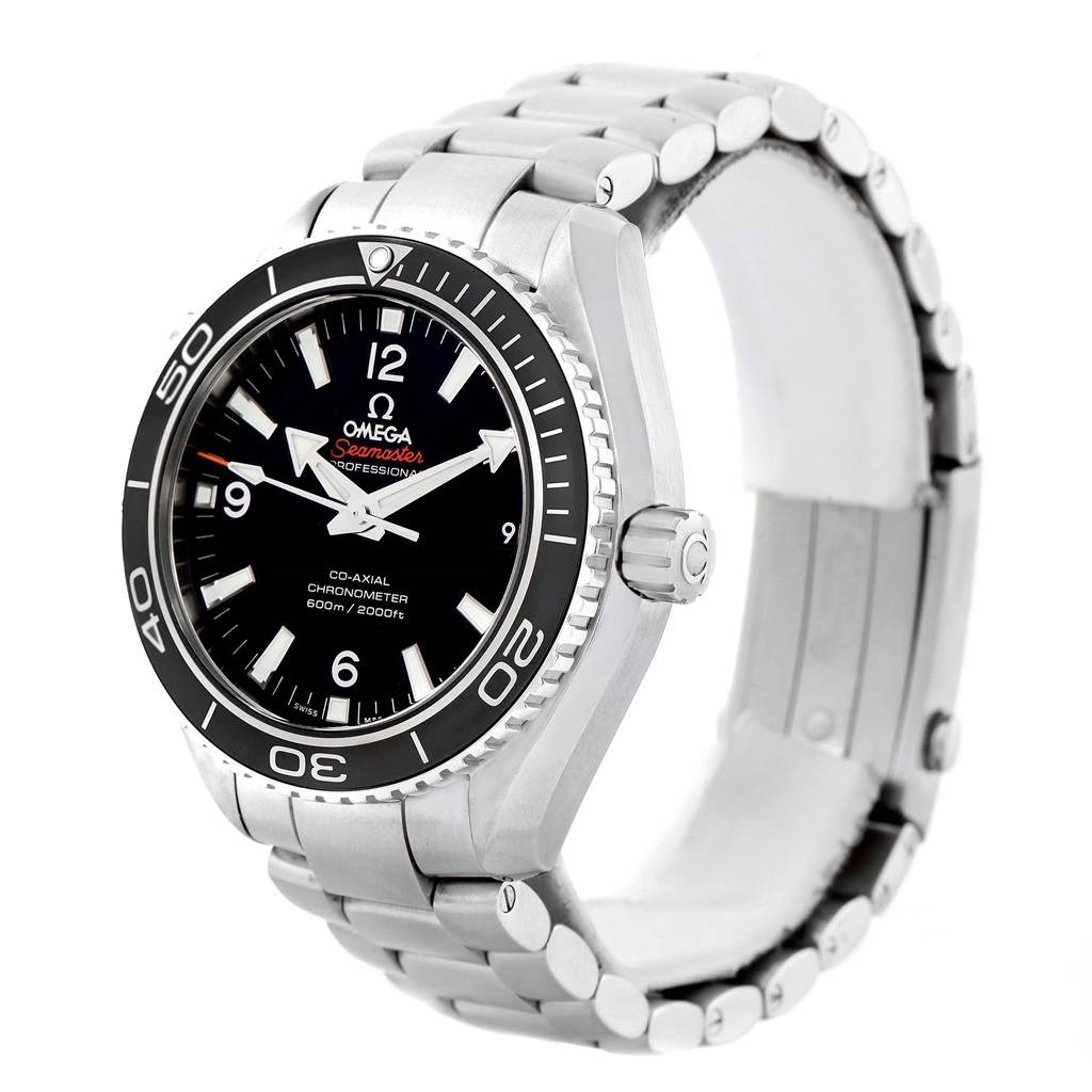 The Omega Planet Ocean 232.30.46.21.01.001 Men
s Stainless Steel Black Dial 232.30.46.21.01.001 Men
s Stainless Steel Black Dial watch is shown at a three-quarter angle, highlighting its dial, bezel, crown, and bracelet.