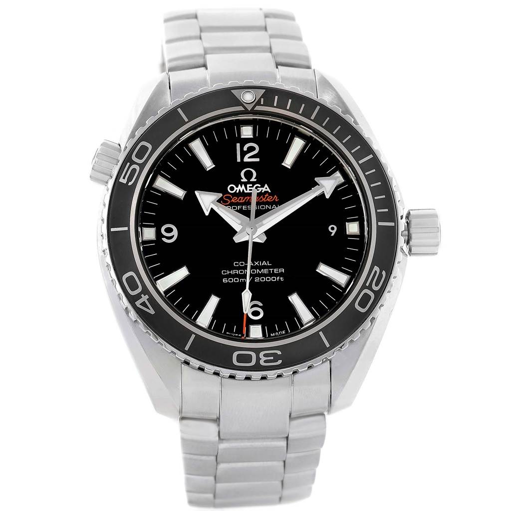 The Omega Planet Ocean 232.30.46.21.01.001 Men
s Stainless Steel Black Dial 232.30.46.21.01.001 Men
s Stainless Steel Black Dial watch is shown from a front angle, featuring the dial, bezel, and stainless steel bracelet.