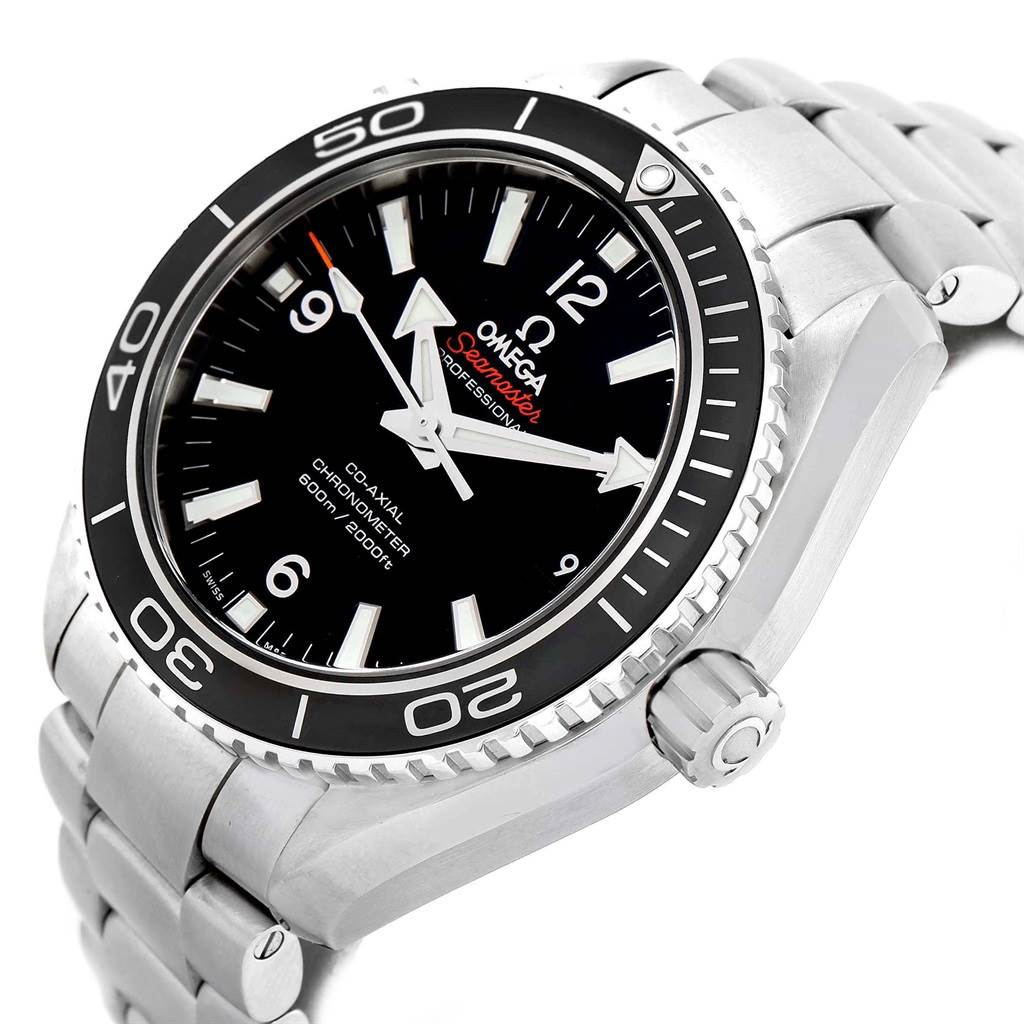 The image shows a close-up angle of the Omega Planet Ocean 232.30.46.21.01.001 Men
s Stainless Steel Black Dial 232.30.46.21.01.001 Men
s Stainless Steel Black Dial watch focusing on its face, bezel, and part of the bracelet.