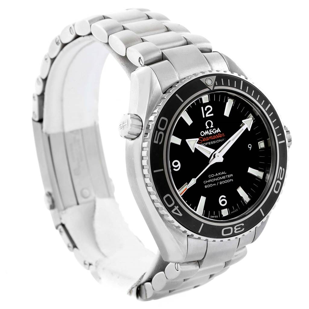 The Omega Planet Ocean 232.30.46.21.01.001 Men
s Stainless Steel Black Dial 232.30.46.21.01.001 Men
s Stainless Steel Black Dial watch is shown at an angle displaying the face, bezel, crown, and bracelet.