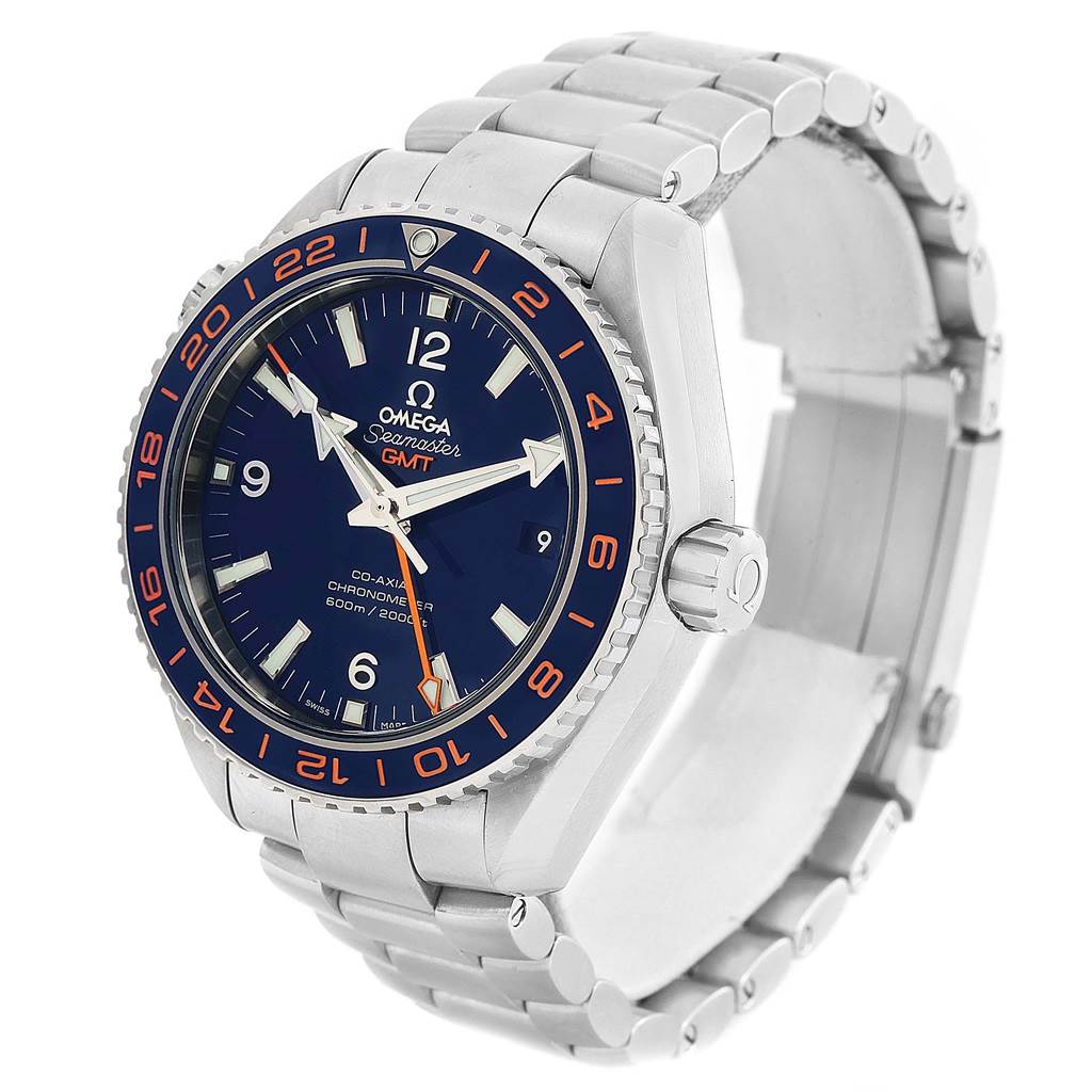 The Omega Planet Ocean 232.30.44.22.03.001 Men
s Stainless Steel Blue Dial 232.30.44.22.03.001 Men
s Stainless Steel Blue Dial watch is shown in a three-quarter view, displaying its face, crown, and bracelet.