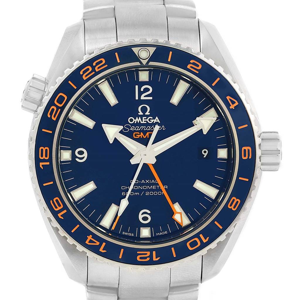 The image shows a front view of the Omega Planet Ocean 232.30.44.22.03.001 Men
s Stainless Steel Blue Dial 232.30.44.22.03.001 Men
s Stainless Steel Blue Dial model watch, highlighting the dial, bezel, and part of the stainless steel bracelet.